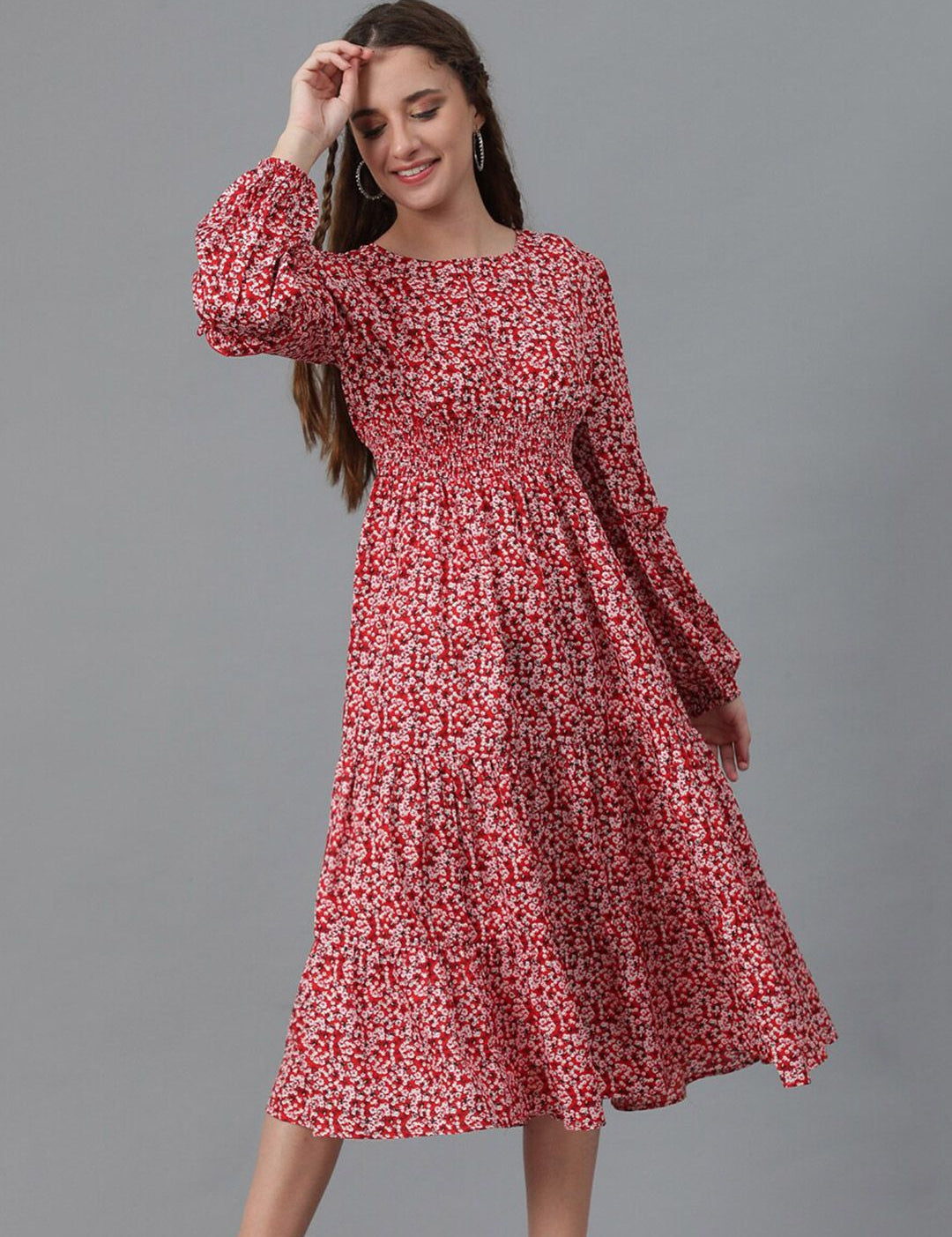Kotty Red Floral Print Puff Sleeve Fit & Flare Midi Dress