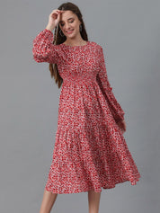 Kotty Red Floral Print Puff Sleeve Fit & Flare Midi Dress