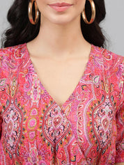 Kotty Orange And Pink Ethnic Printed V-Neck Blouson Dress
