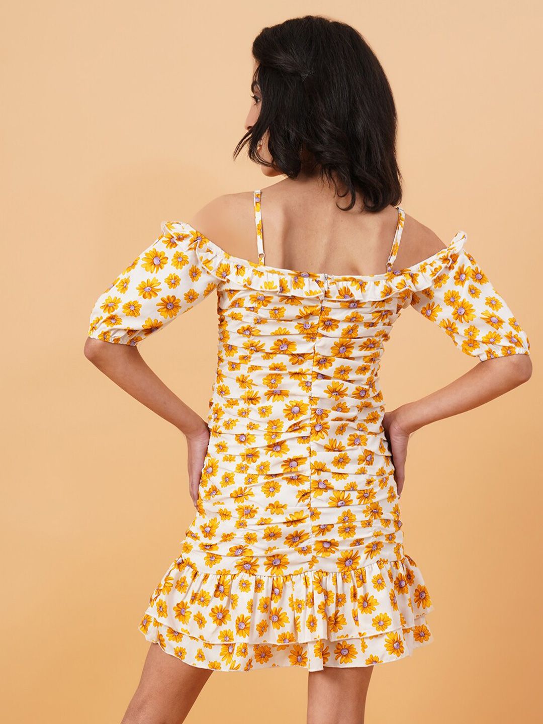 Kotty White & Yellow Floral Printed Cold Shoulder Sleeves Crepe Gathered Sheath