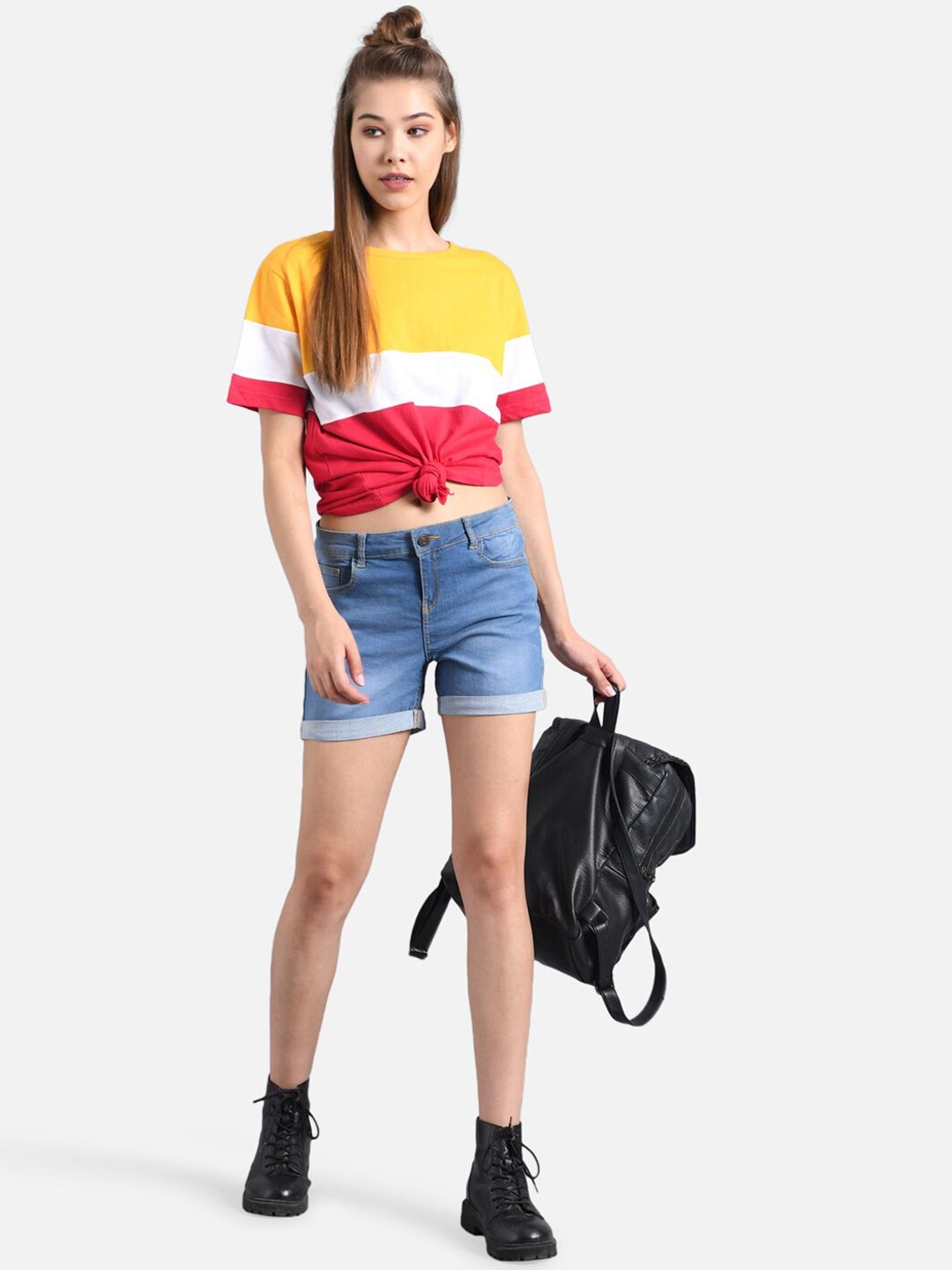 Kotty Women Yellow Colourblocked Round Neck T-shirt