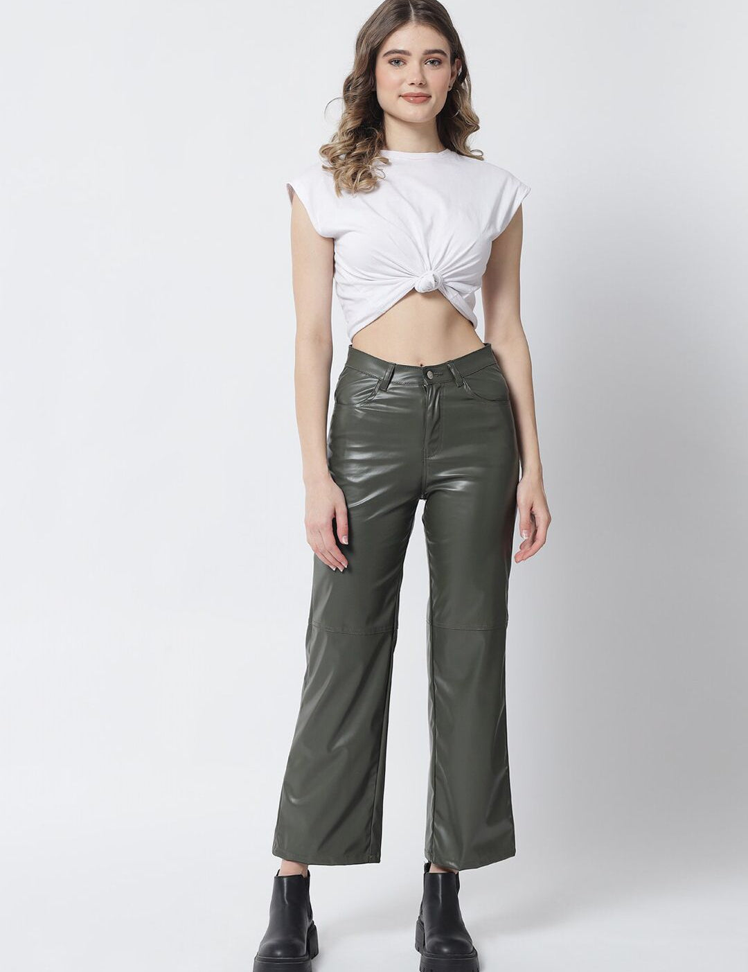 Kotty Women Olive Green Relaxed Straight Fit Trousers