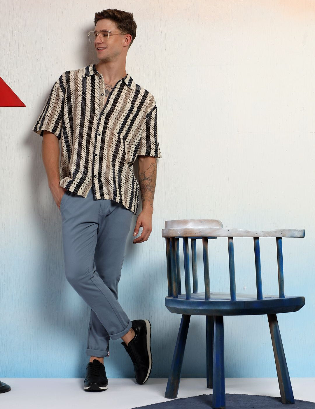 Kotty Vertical Stripes Cotton Spread Collar Short Sleeves Shirt