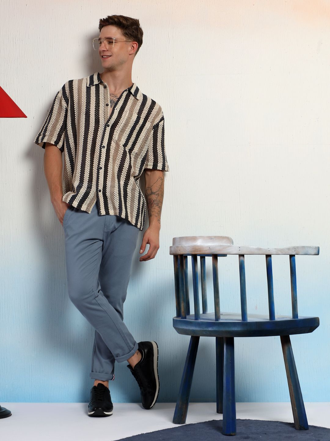 Kotty Vertical Stripes Cotton Spread Collar Short Sleeves Shirt