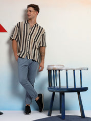 Kotty Vertical Stripes Cotton Spread Collar Short Sleeves Shirt