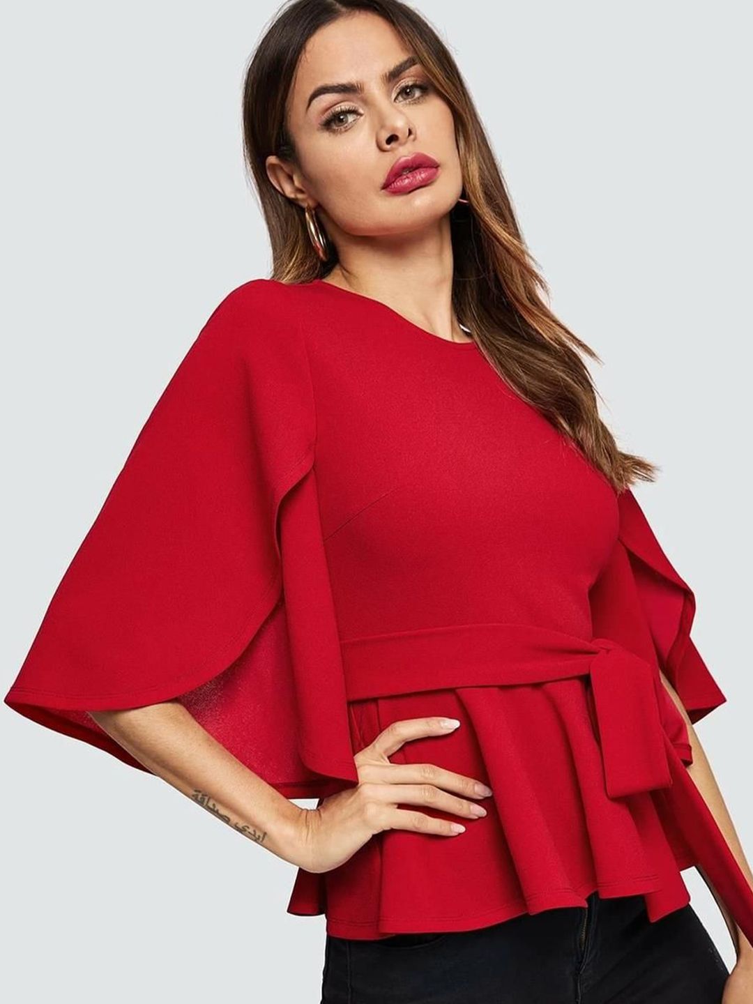 Kotty Women Round Neck Flared Sleeve Cinched Waist Top