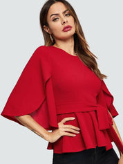 Kotty Women Round Neck Flared Sleeve Cinched Waist Top