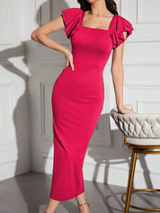 Kotty  Solid Square Neck Bodycon Midi Dress