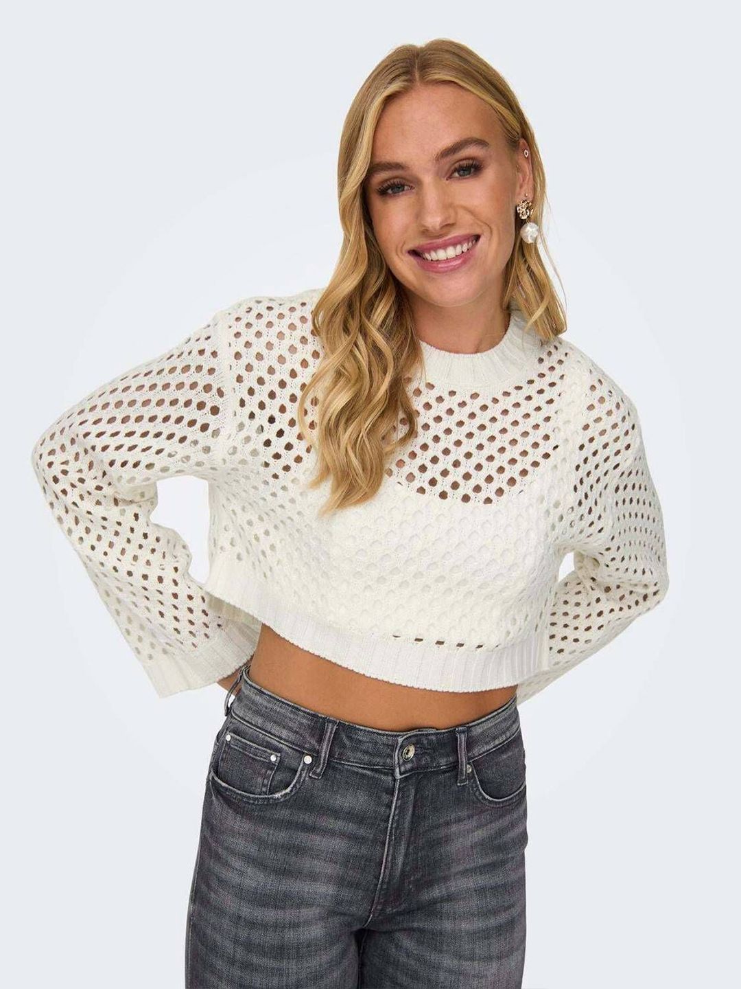 Kotty Women Open Knit Cotton Crop Pullover