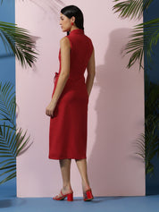 Kotty Women Solid Shirt Collar Sleeveless A-Line Dress