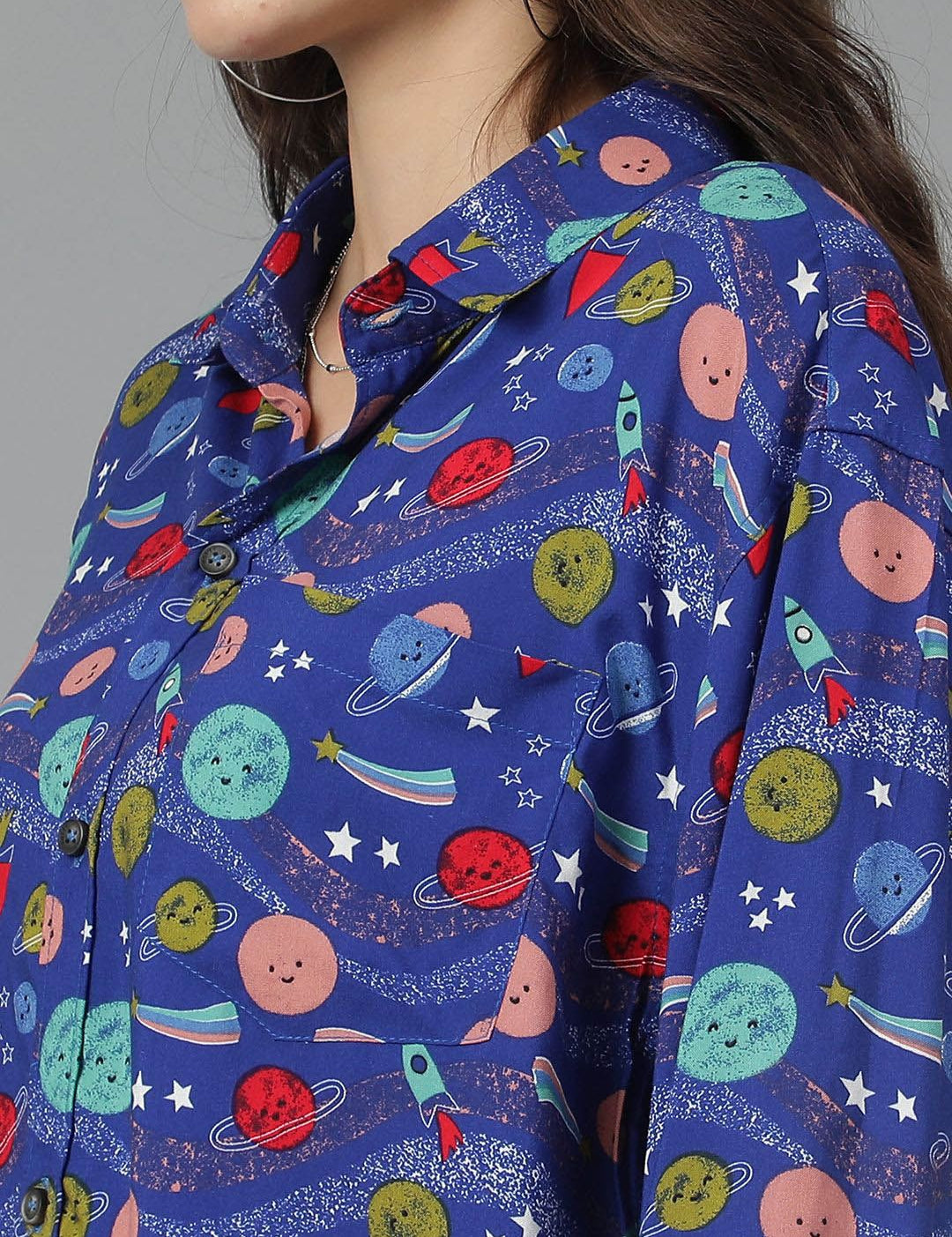 Kotty Women Spread Collar Abstract Printed Cotton Oversized Casual Shirt