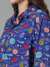 Kotty Women Spread Collar Abstract Printed Cotton Oversized Casual Shirt