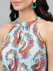 Kotty  Turoquise Blue and Orange Ethnic Printed Tiered Halter Neck Fit & Flare Dress