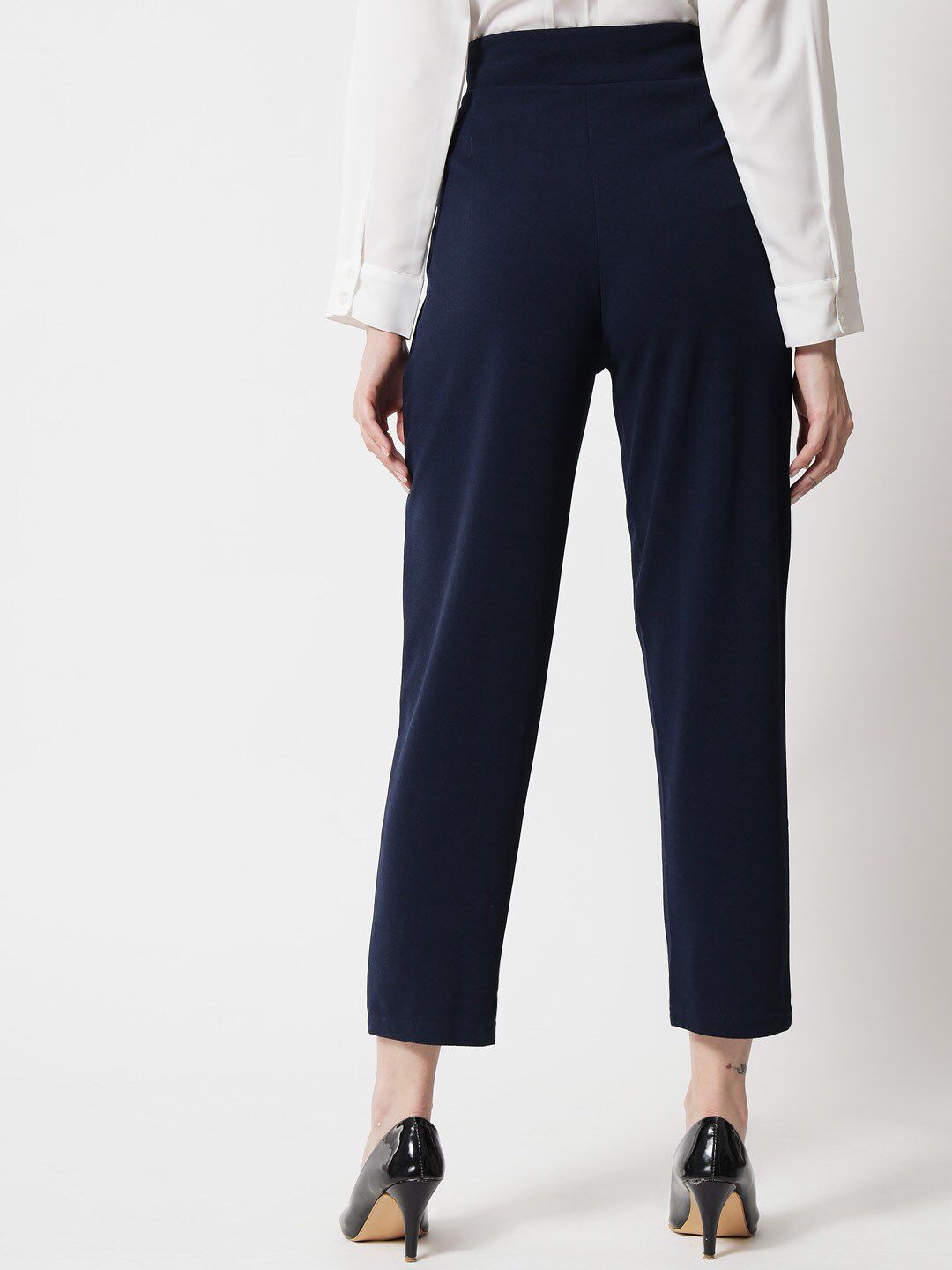 Kotty Women Navy Blue Relaxed Straight Fit High-Rise Easy Wash Trouser