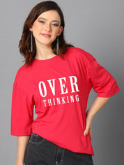 Kotty Red Typography Printed Oversized T-shirt