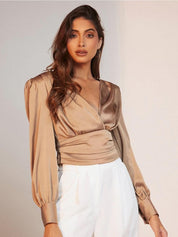 Kotty V-Neck Ruched Solid Wrap Top