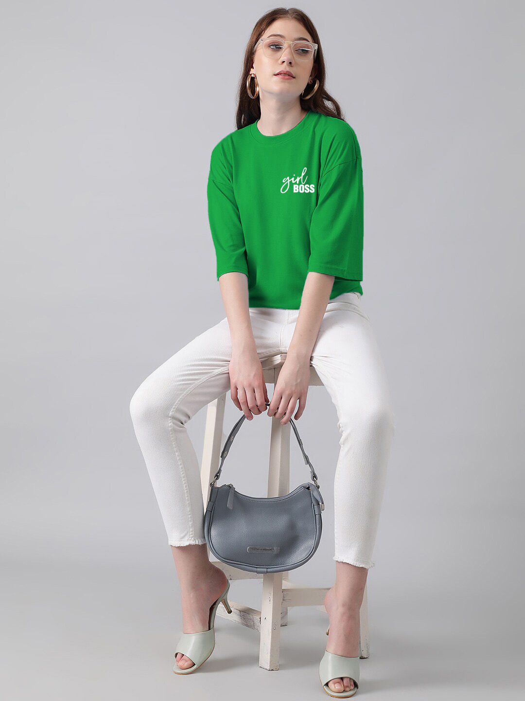 Kotty Typography Printed Round Neck Drop-Shoulder Sleeves Oversized T-shirt