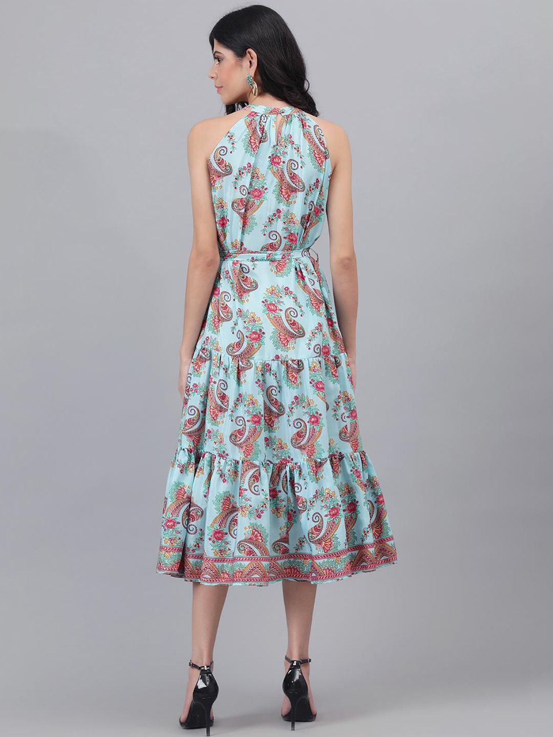 Kotty Turquoise Blue And Maroon Paisley Printed Halter Neck Tiered Fit & Flare Midi Dress