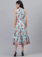 Kotty Turquoise Blue And Maroon Paisley Printed Halter Neck Tiered Fit & Flare Midi Dress