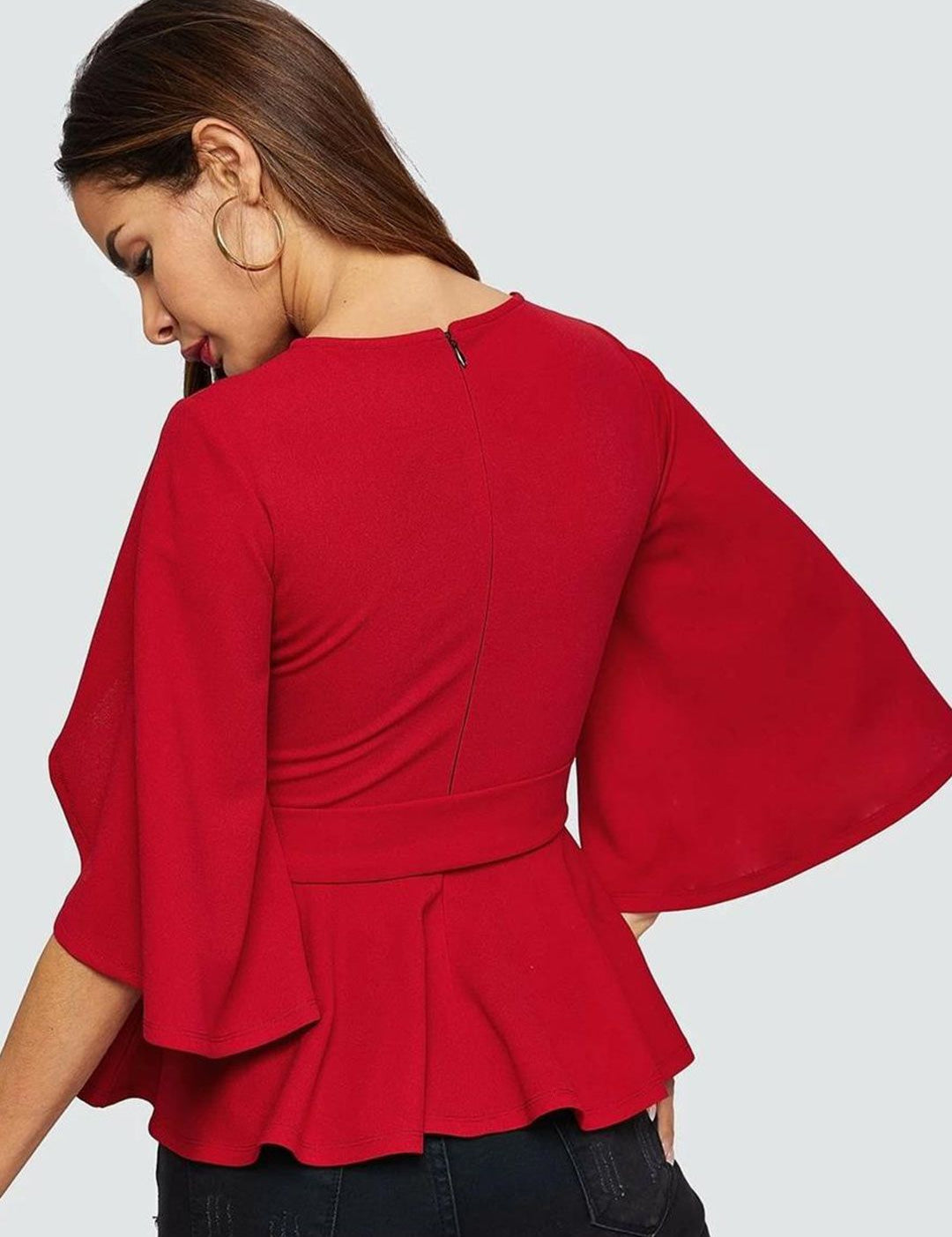 Kotty Red Waist Tie-Up Flared Sleeves Top