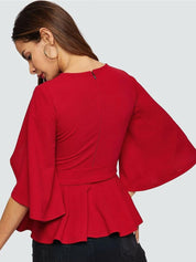 Kotty Red Waist Tie-Up Flared Sleeves Top