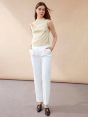 Kotty Beige High Neck Sleeveless Pleated Detail Satin Top