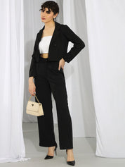 Kotty Women Black Notched Lapel Collar Blazer With Trousers
