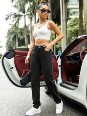 Kotty Women Black Jean Straight Fit High-Rise Slash Knee Stretchable Jeans