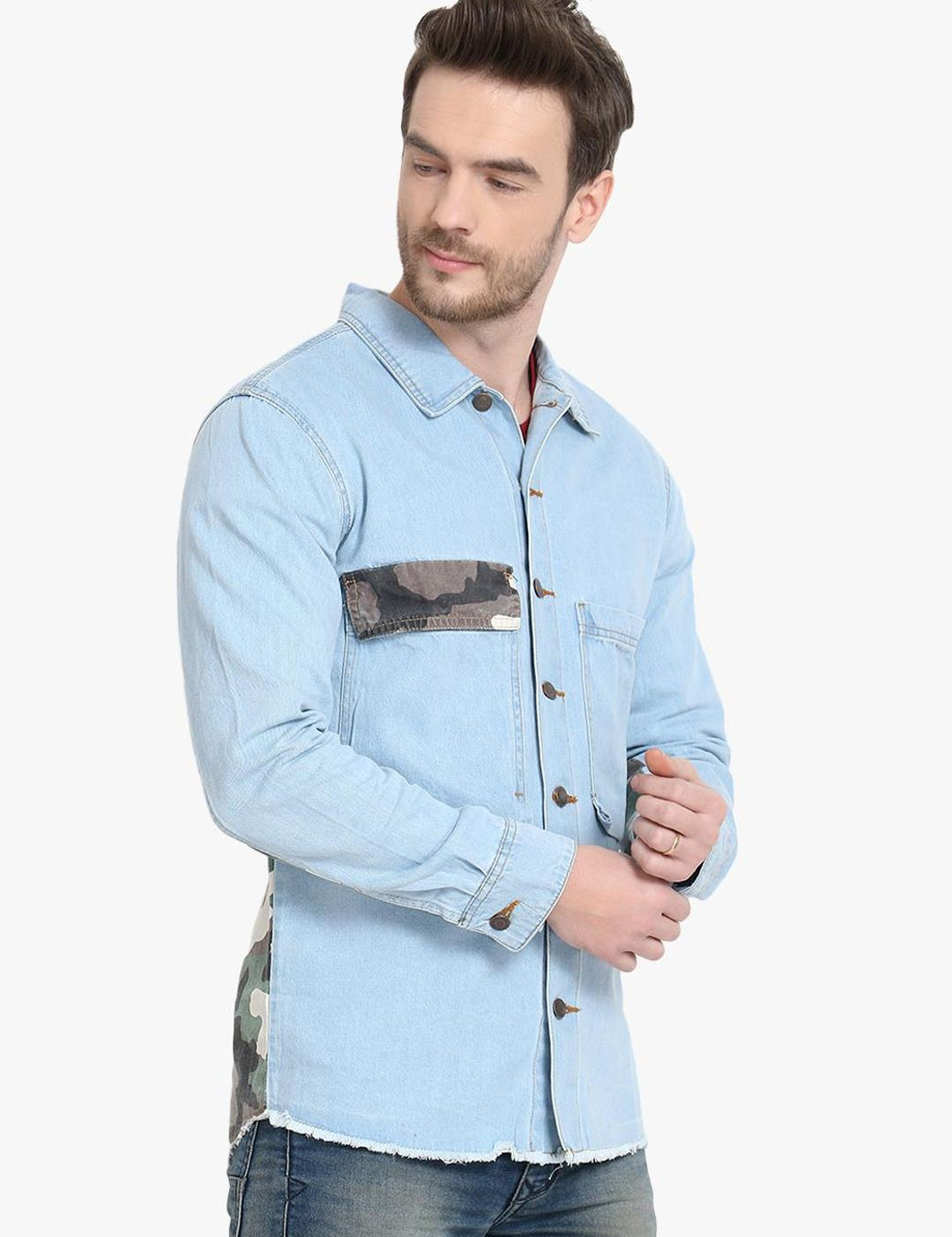 Kotty Men Blue & Grey Camouflage Printed Denim Jacket