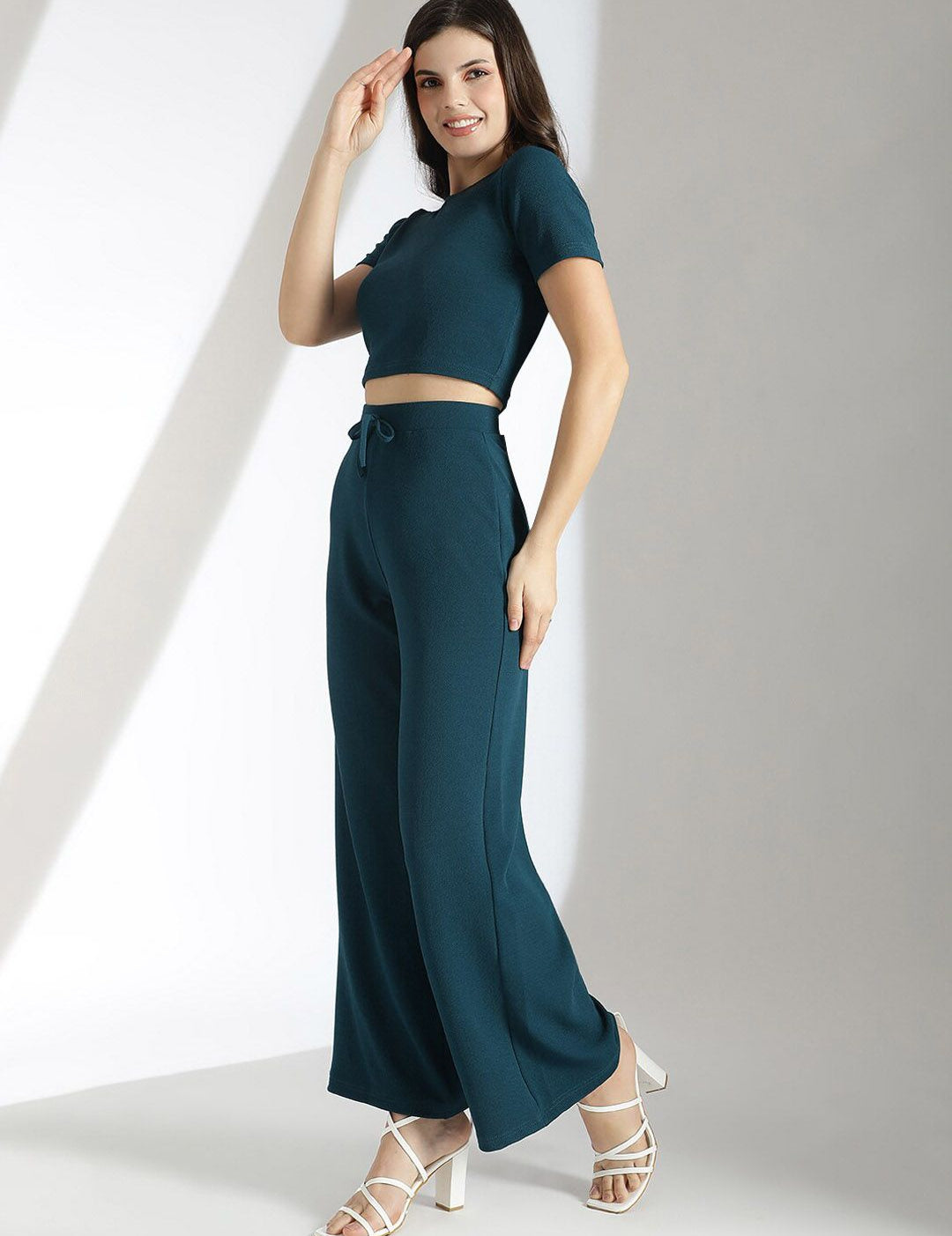 Stylecast X KOTTY Basics Teal Green Crop Top With Trousers