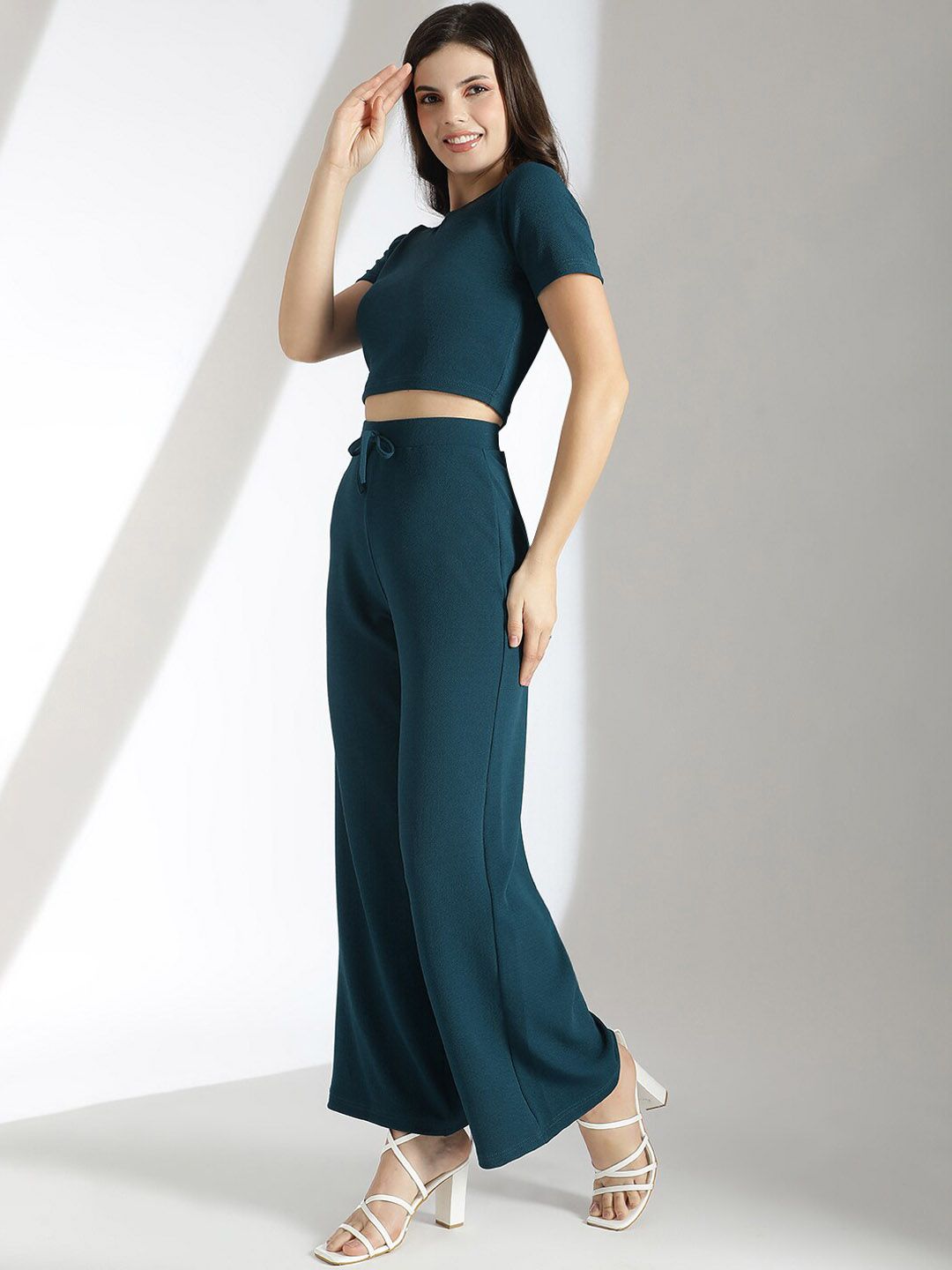 Stylecast X KOTTY Basics Teal Green Crop Top With Trousers