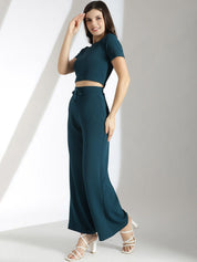 Stylecast X KOTTY Basics Teal Green Crop Top With Trousers