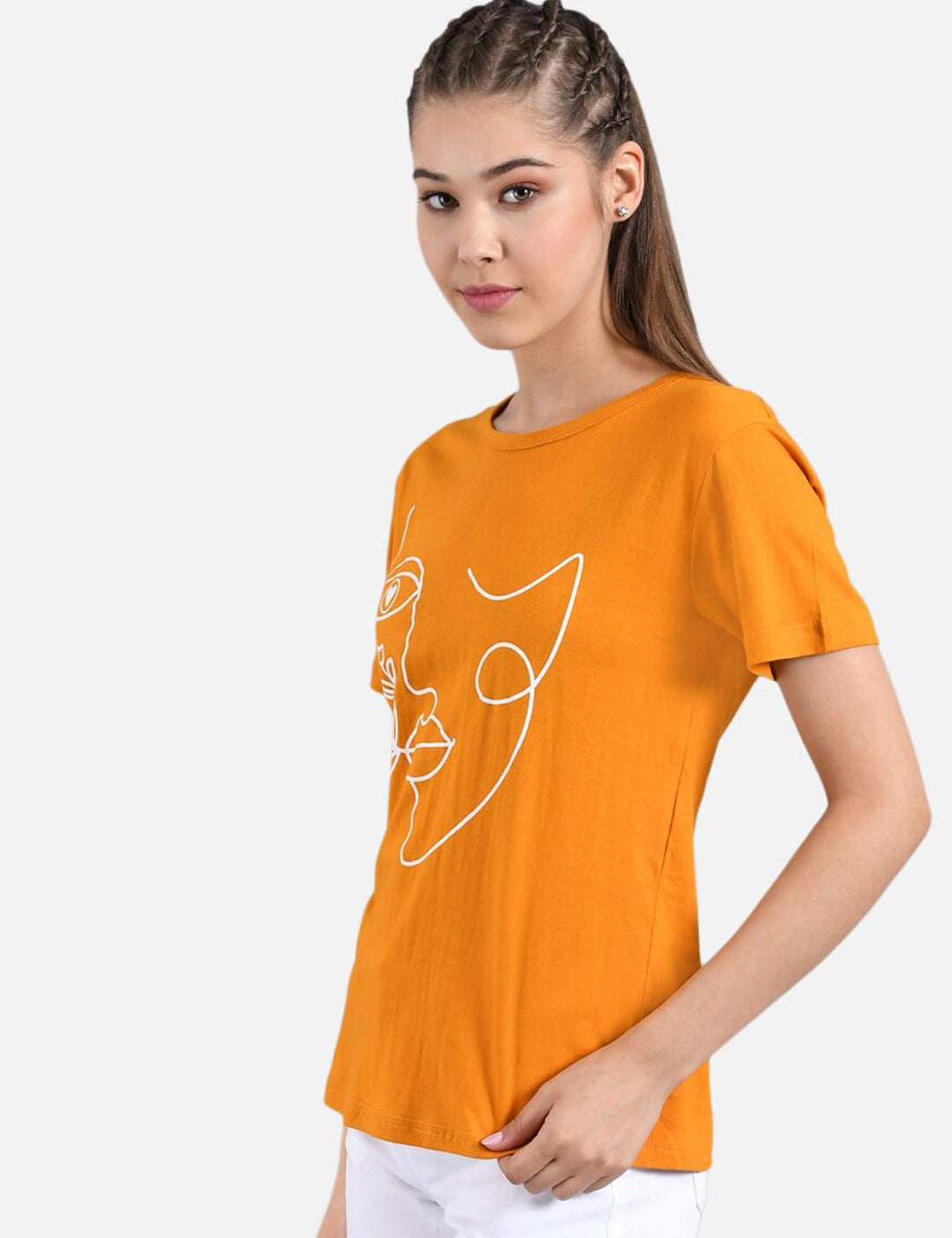 Kotty Women Orange & White Printed Round Neck T-shirt
