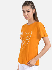 Kotty Women Orange & White Printed Round Neck T-shirt