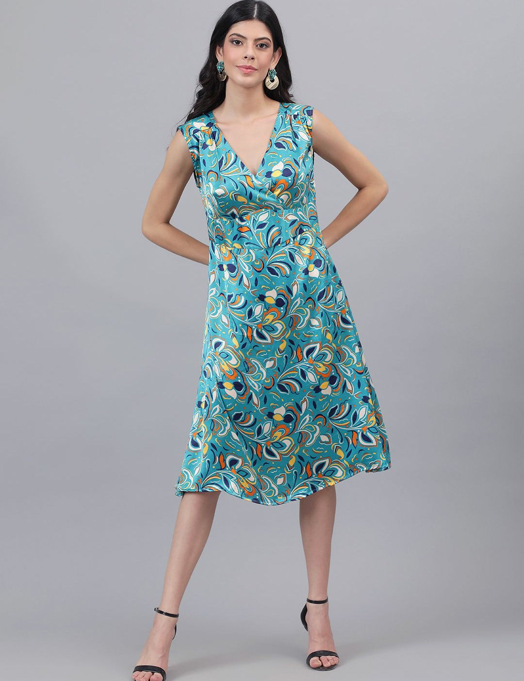 Kotty Floral Printed V-Neck Satin Midi Wrap Dress