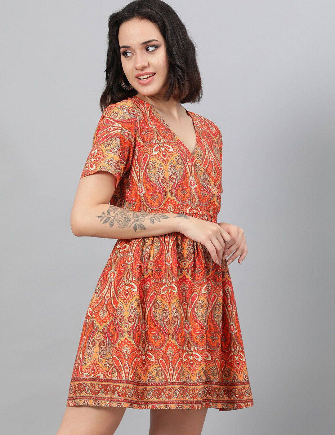 Kotty Orange Ethnic Motif Printed Fit & Flare Mini Dress