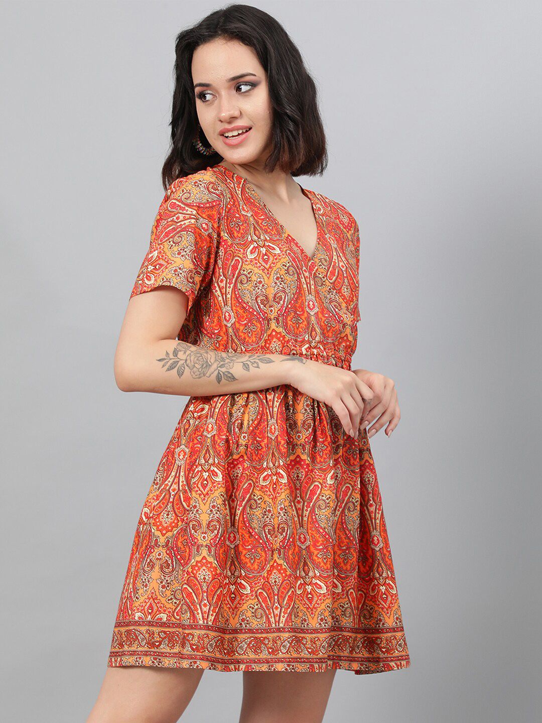 Kotty Orange Ethnic Motif Printed Fit & Flare Mini Dress