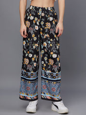 Kotty Women Black Floral Printed Relaxed Straight Fit Easy Wash Trousers