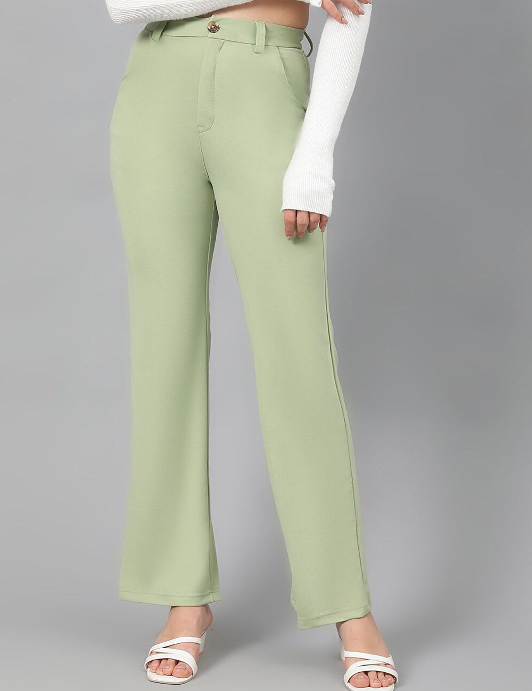 KOTTY BIZwear Women Green High-Rise Relaxed Straight Leg Straight Fit Easy Wash Trousers