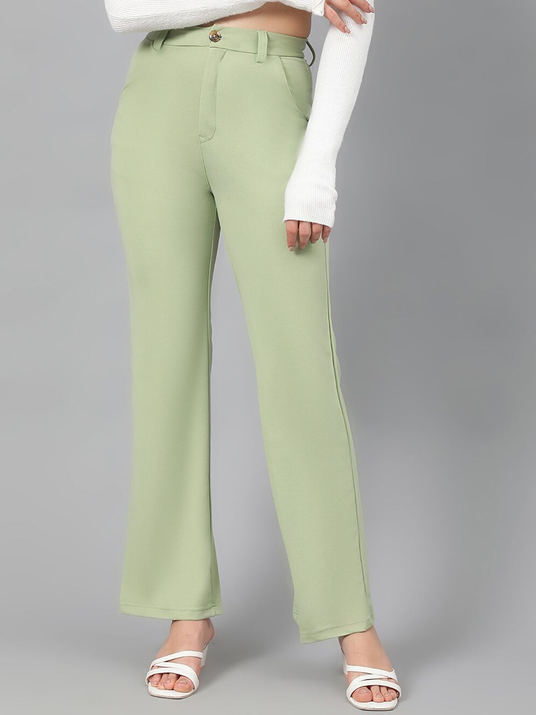 KOTTY BIZwear Women Green High-Rise Relaxed Straight Leg Straight Fit Easy Wash Trousers