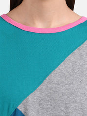 Kotty Women Blue & Pink Colourblocked Round Neck T-shirt