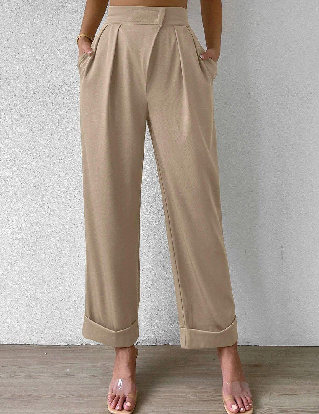 Kotty Women Beige Relaxed Straight Fit High-Rise Easy Wash Pleated Trousers