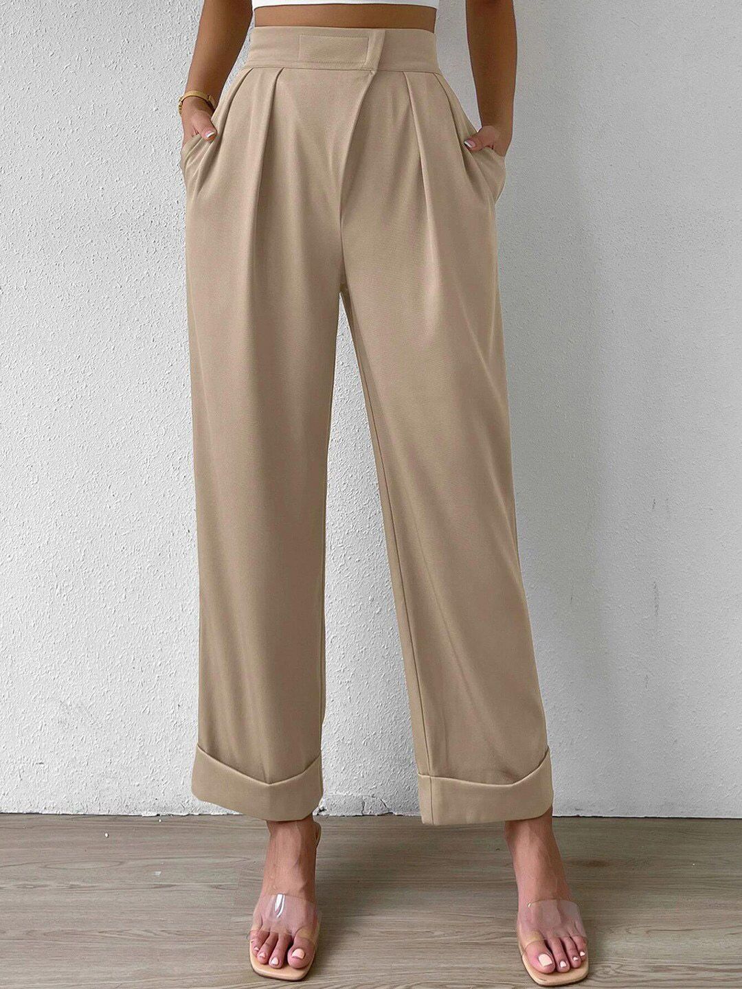 Kotty Women Beige Relaxed Straight Fit High-Rise Easy Wash Pleated Trousers