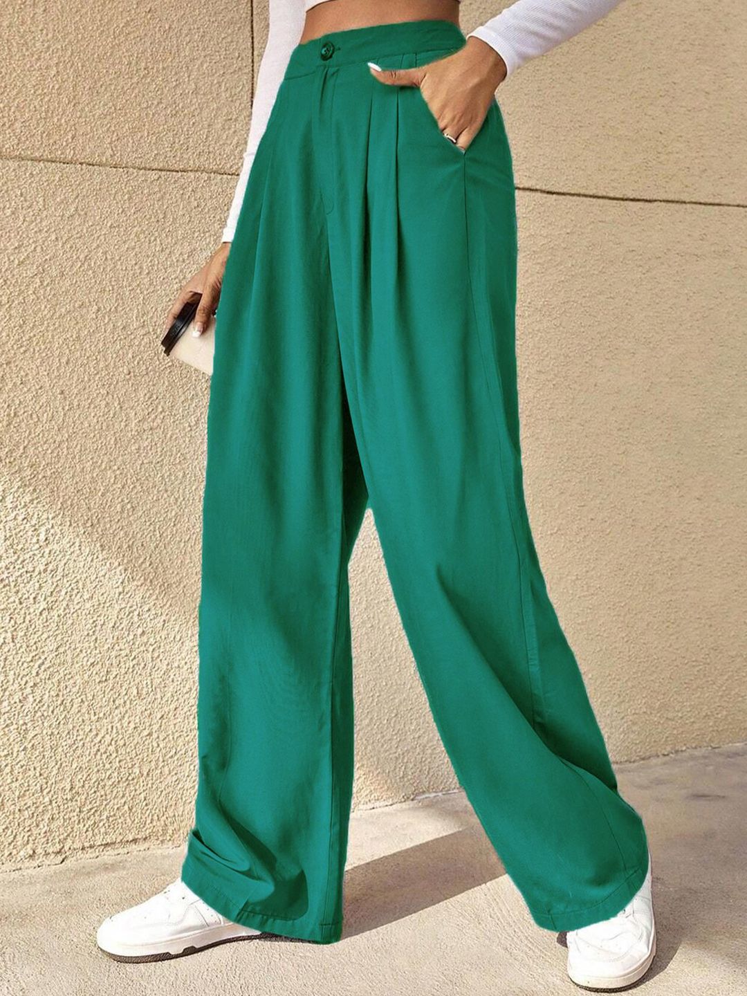 KOTTY BIZwear Green Women Relaxed Straight Leg High-Rise Easy Wash Pleated Parallel Trousers