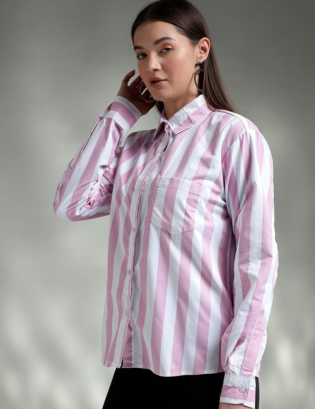 Kotty Women Spread Collar Striped Cotton Casual Shirt