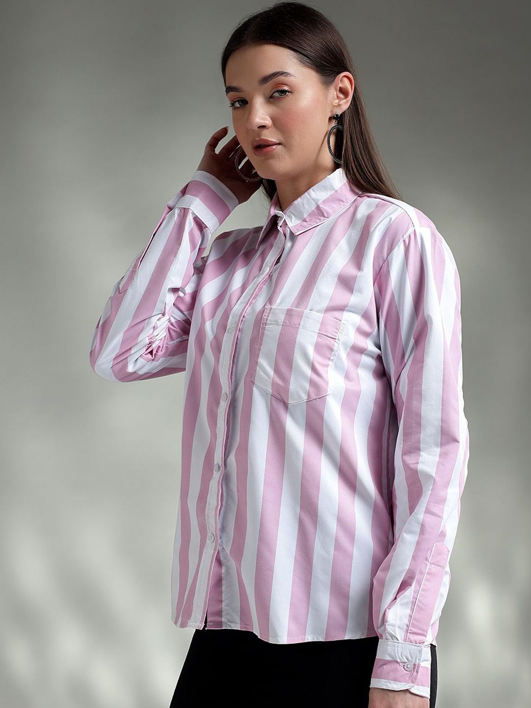 Kotty Women Spread Collar Striped Cotton Casual Shirt