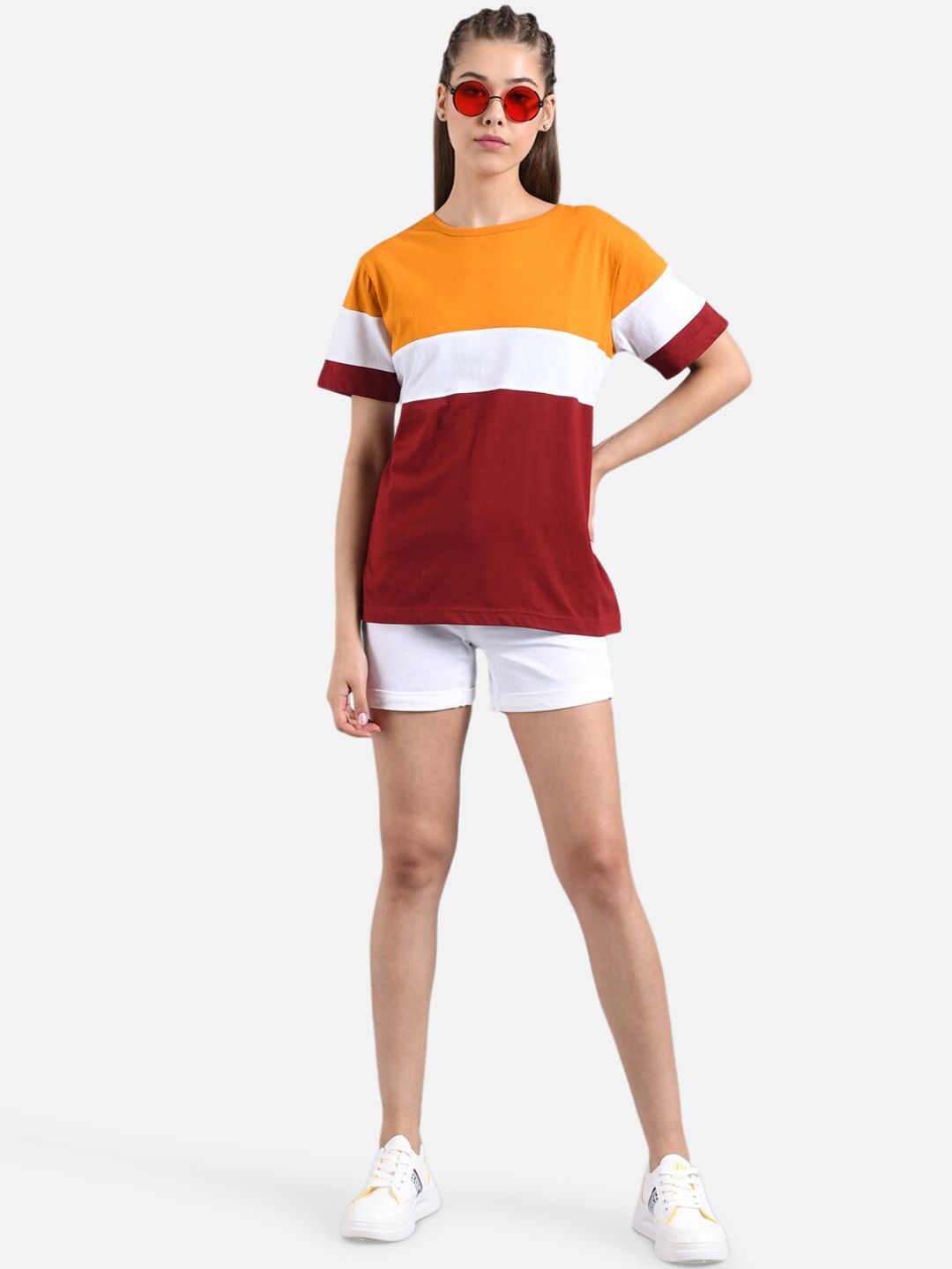 Kotty Women Orange & Maroon Colourblocked Round Neck T-shirt