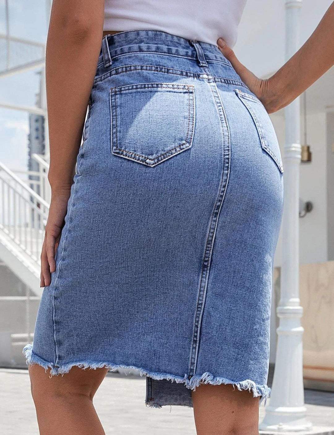 Kotty Pure Cotton Front Slit Denim Pencil Skirt