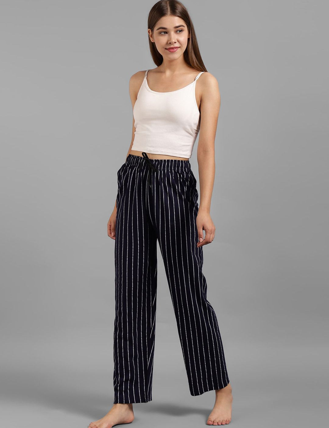 Kotty Women Navy Blue & White Striped Lounge Pants