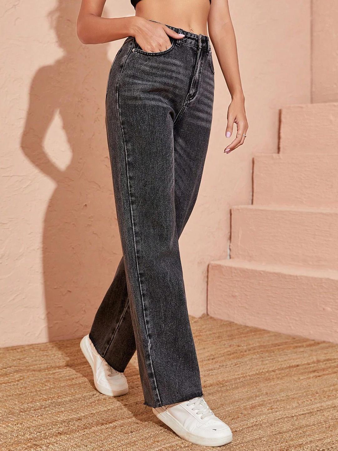 Kotty Women Black Jean Straight Fit High-Rise Heavy Fade Stretchable Jeans